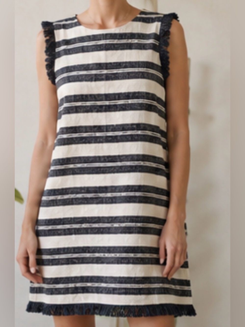 Anthropologie Hutch Black and White Stripe Sleeveless Shift Fringe Dress Sz. M